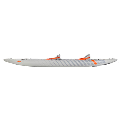 Side view of the NRS Akamai 145 Tandem Inflatable Kayak in gray with orange accents and two seats, ideal for flatwater adventures.