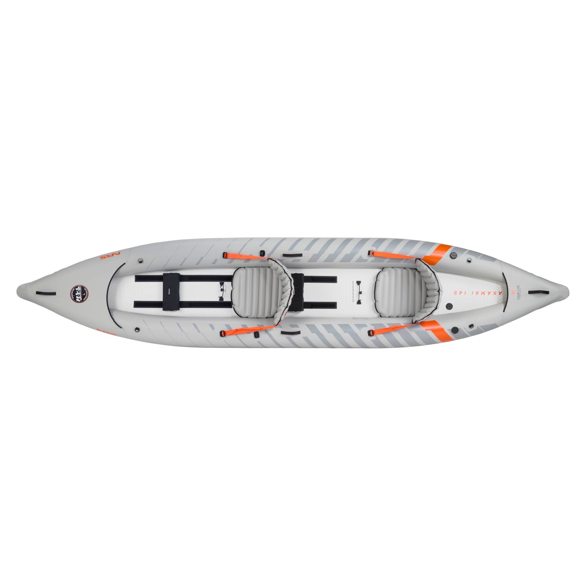 Top view of the NRS Akamai 145 Tandem Inflatable Kayak, featuring a gray design with orange accents and two gray seats—ideal for flatwater adventures.
