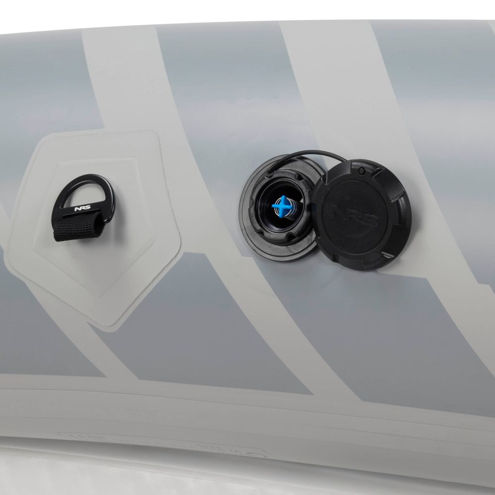 Close-up of the NRS Akamai 110 Inflatable Kayak's PVC-free nylon surface, showing a black D-ring on the left and an open air valve with cap on the right.