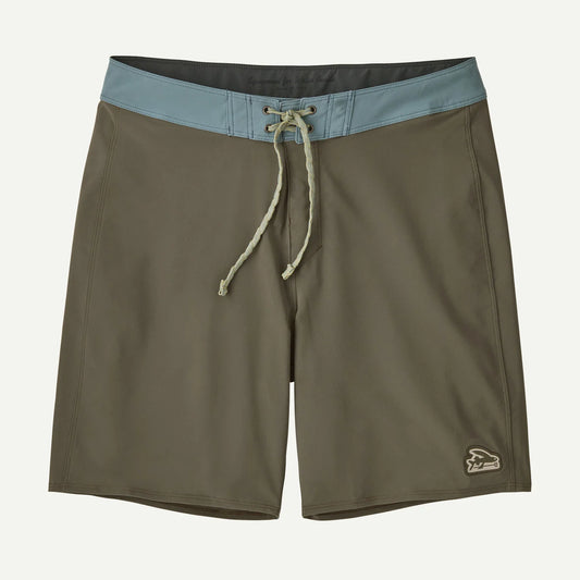 The Patagonia Hydropeak Boardshorts - 18 in. for men feature an olive green color, light blue waistband, front drawstring closure, four-way stretch fabric, and a small logo near the left hem.