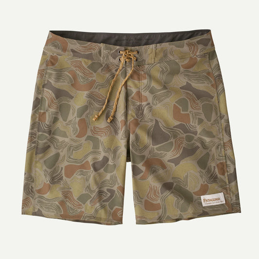 The Patagonia K's Hydropeak Boardies - 6 in are camouflage-patterned boardshorts with quick-drying, four-way stretch fabric, a lace-up waistband, and a small Patagonia logo patch on the lower left leg.