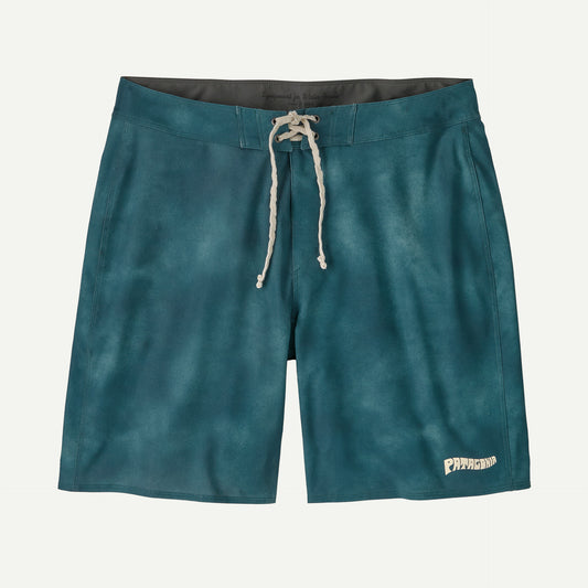 Patagonia Hydropeak Boardshorts - 18 in. for men in teal, featuring a drawstring waist, small logo on the lower left leg, and four-way stretch fabric, shown laid flat against a light background.