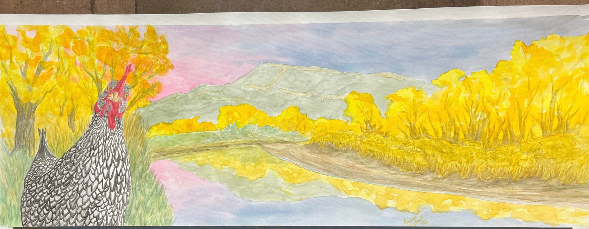Get inspired for your next art session with Paint and Sip - Fall River Scene by 4CRS Paddle School—a watercolor of a chicken by a riverbank, framed by yellow autumn trees, mountains, and a pink-blue sky.
