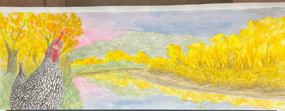 Get inspired for your next art session with Paint and Sip - Fall River Scene by 4CRS Paddle School—a watercolor of a chicken by a riverbank, framed by yellow autumn trees, mountains, and a pink-blue sky.