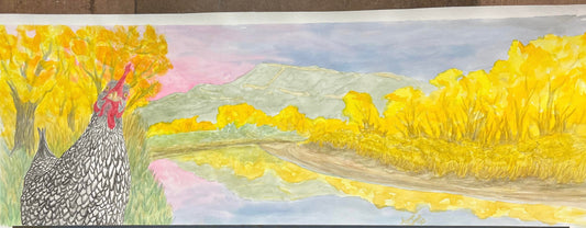 Discover inspiration with 4CRS Paddle School’s Paint and Sip - Fall River Scene: a watercolor of a chicken by a fall river, yellow autumn trees, and distant mountains reflected in the water beneath a blue-pink sky.