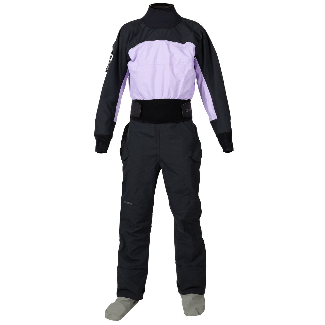 The Kokatat Icon (Hydrus 3.0) Drysuit - Women's features a light purple top, black bottom, black waist belt, and attached grey socks. Made from Hydrus 3.0 fabric, it is displayed on a plain white background.