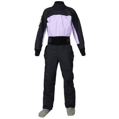 The Kokatat Icon (Hydrus 3.0) Drysuit - Women's features a light purple top, black bottom, black waist belt, and attached grey socks. Made from Hydrus 3.0 fabric, it is displayed on a plain white background.
