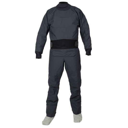 The Kokatat Icon (Hydrus 3.0) Drysuit is a black waterproof paddling suit with attached socks, shown upright against a white background.