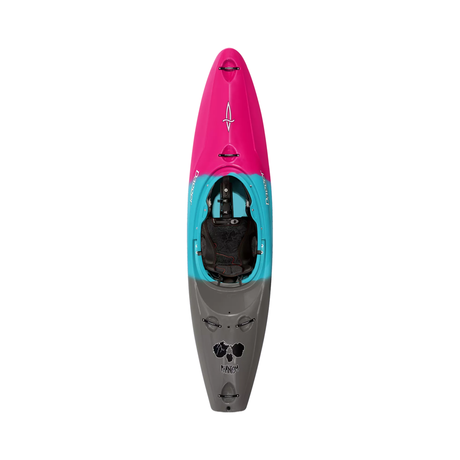 A Dagger Phantom kayak with a pink, blue and grey design.