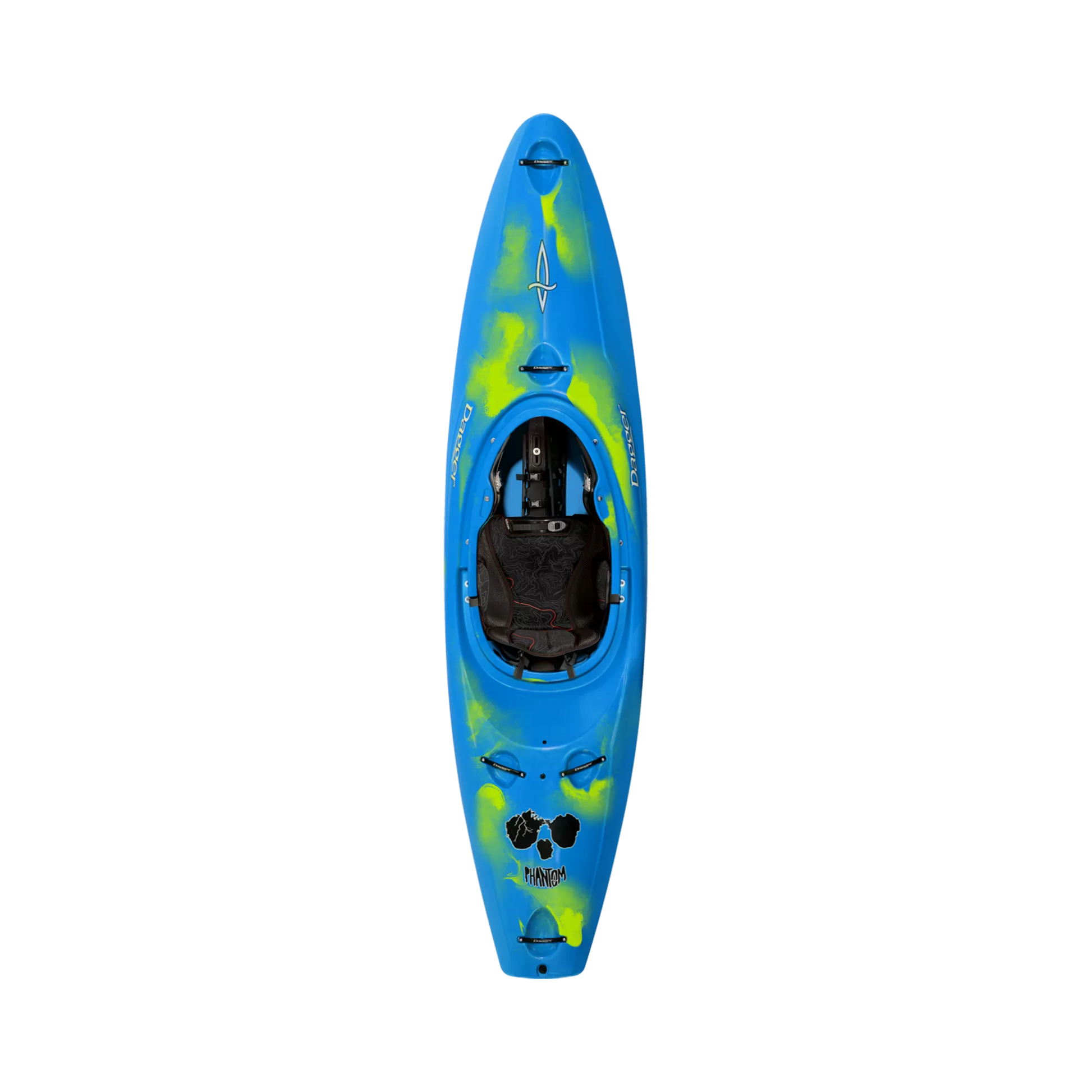 A blue and yellow Phantom kayak on a white background. (Brand: Dagger)