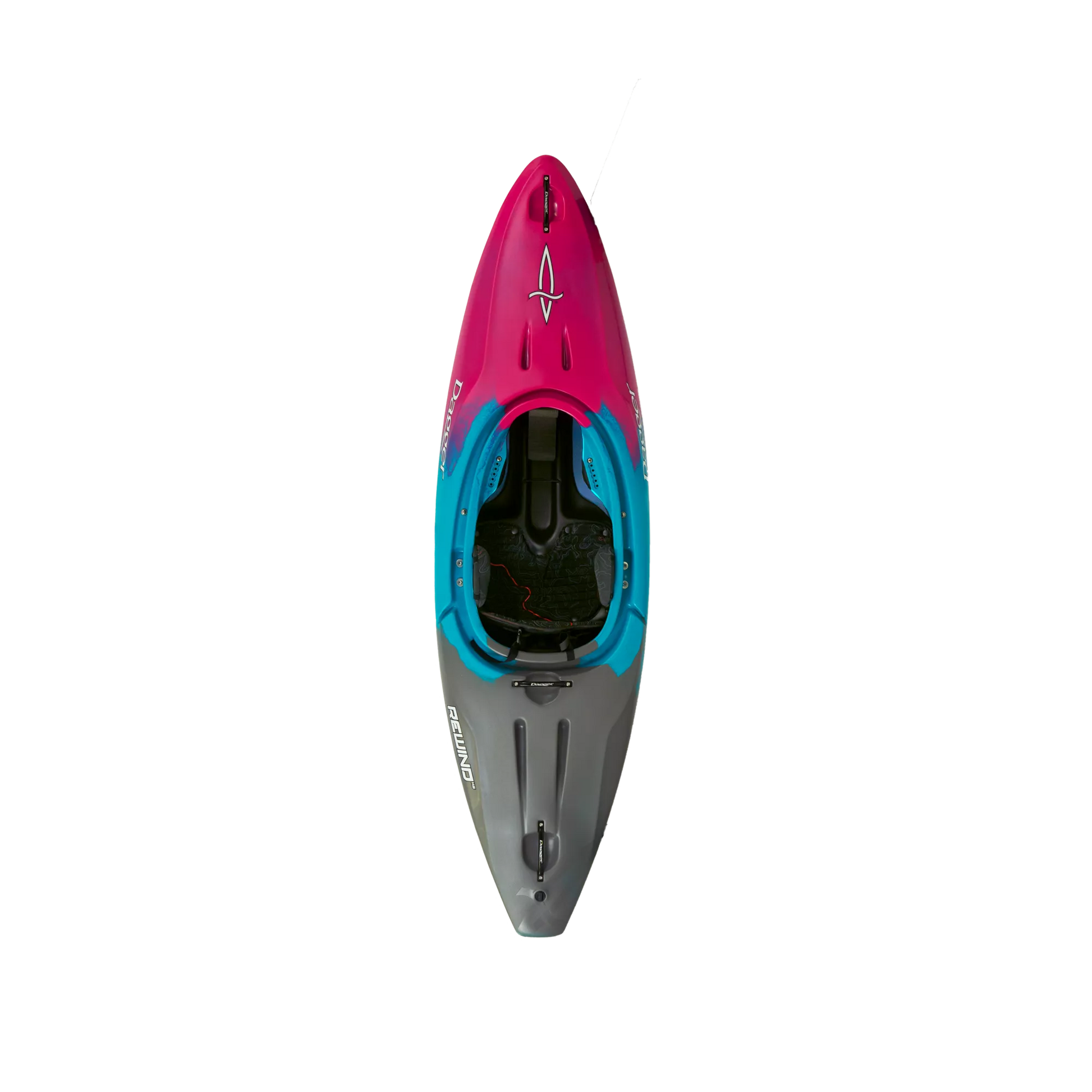 A pink and blue Dagger Rewind XS kayak on a black background.