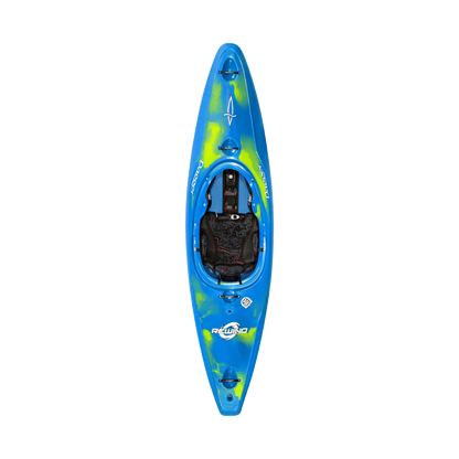 A blue and yellow Dagger Rewind kayak on a black background.