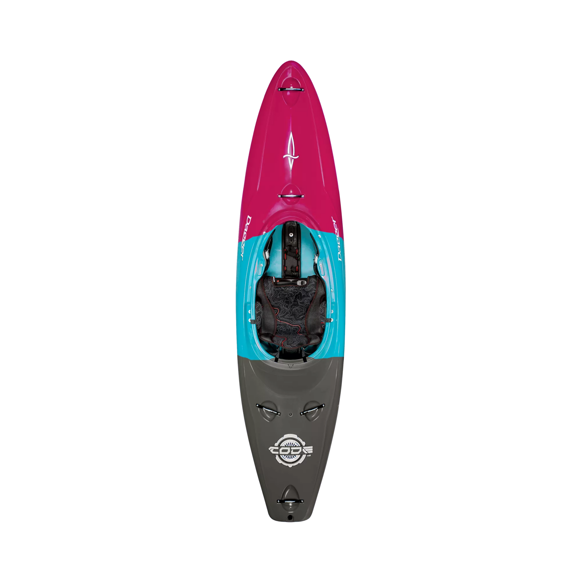 A Code kayak with a pink, blue, and black design. Brand name: Dagger.