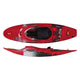 The Pyranha Loki is a red downriver play boat with black and gray accents, featuring top and side views. It includes a seat and footrests, perfect for adventurous vertical moves.