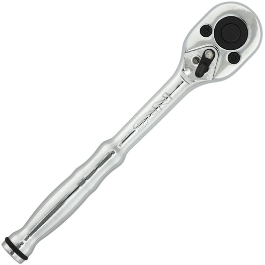 The NRS Frame 1/2in Ratchet Wrench features a chrome finish, textured handle, swivel head, release button, and directional switch. It is engineered to work flawlessly with LoPro and Oar Mount U-bolt nuts for precise tasks.