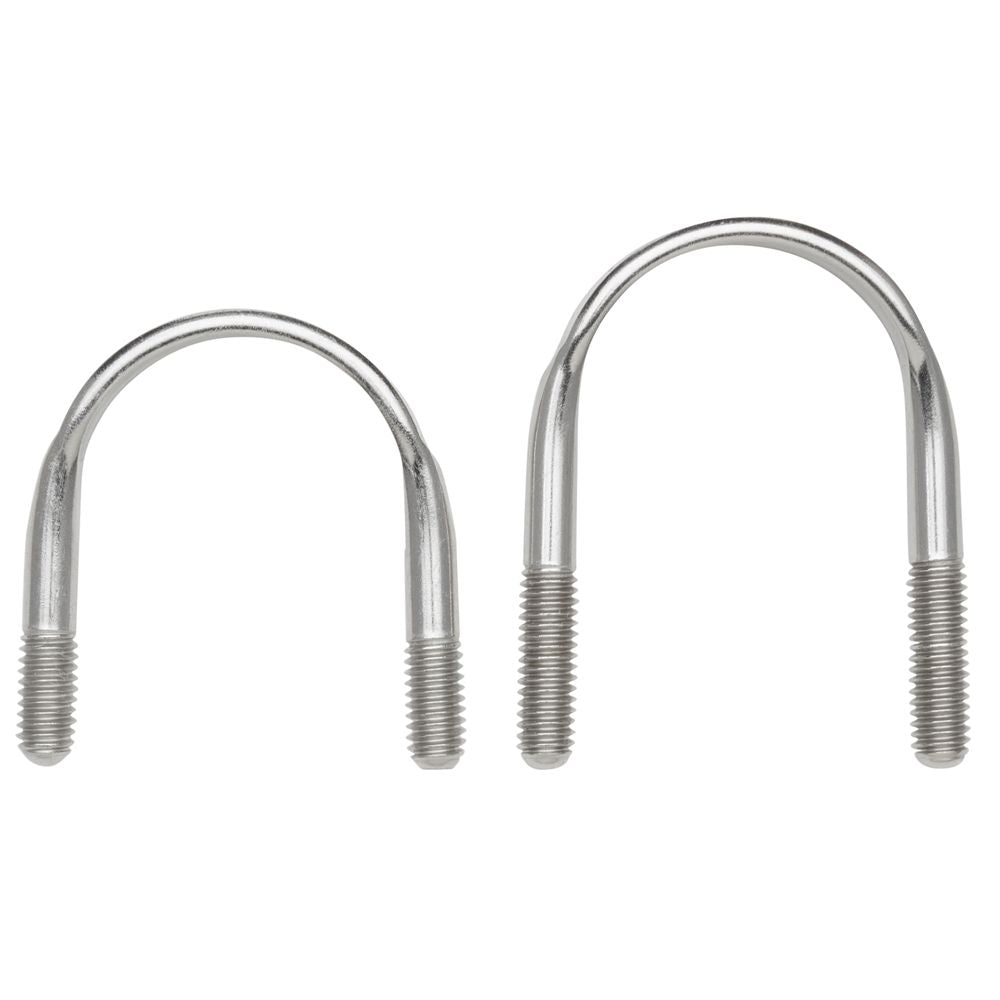 Two NRS U-Bolt Oversized stainless steel U-bolts of varying sizes with threaded ends stand upright side by side against a white background, ideal for custom frames.