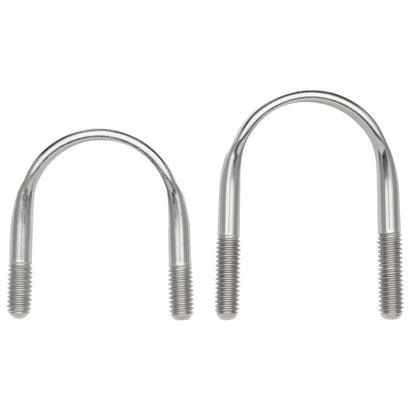 Two NRS U-Bolt Oversized stainless steel U-bolts of varying sizes with threaded ends stand upright side by side against a white background, ideal for custom frames.