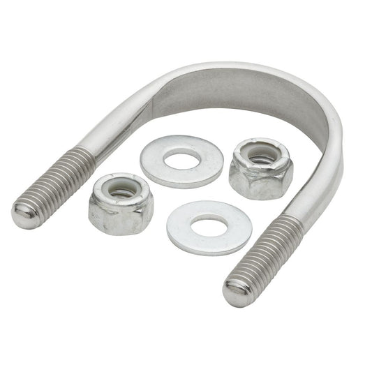 The NRS U-Bolt, made of stainless steel and equipped with two nuts and washers, is ideal for NRS Frame assembly on a white background.