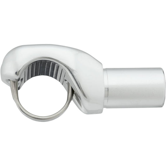 Close-up of the LoPro Frame Fitting by NRS, featuring a curved clamp and cylindrical section. Forged from hot-forged aluminum, it's designed to secure a pipe or rod.