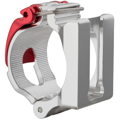 The NRS ClampIt Frame Attachment is a sleek aluminum clamp in silver and red, featuring a secure locking mechanism. It's displayed from a side angle and is perfect for versatile clamping or customizable attachment in any project.