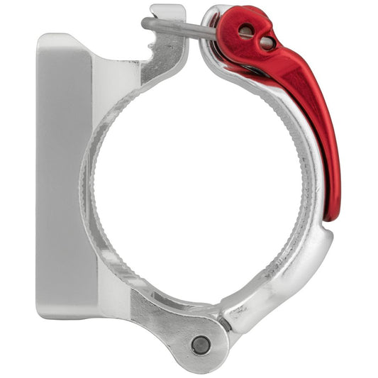 Against a plain background, the NRS ClampIt Frame Attachment, a silver and red aluminum clamp with a quick-release lever, is showcased—ideal for precise and easy customizable attachments.