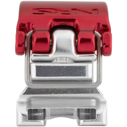 The ClampIt Frame Attachment by NRS is a red and silver metal buckle with engraved text, featuring a hinge mechanism designed for customizable uses.
