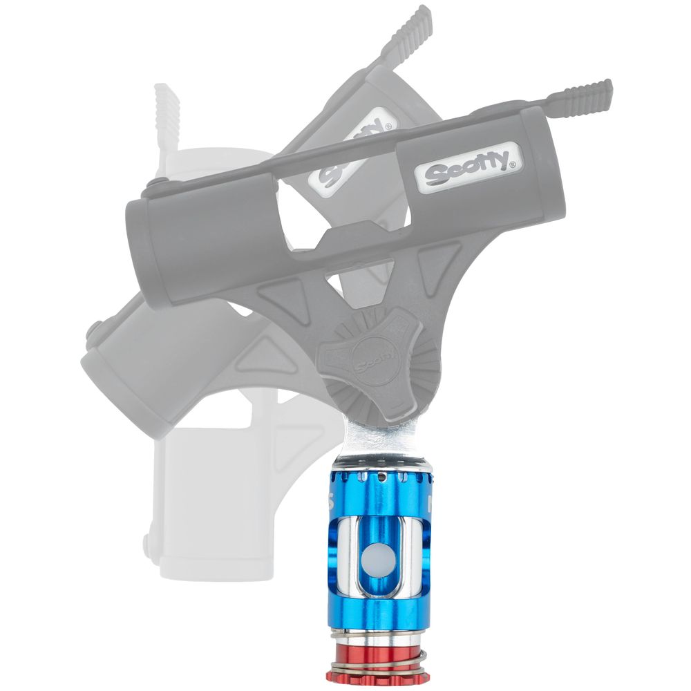The NRS ClampIt Rod Holder Attachment in a stylish black and blue design is displayed at two angles, with solid or faded views. Its lever-action attachment ensures a seamless and efficient fishing experience.