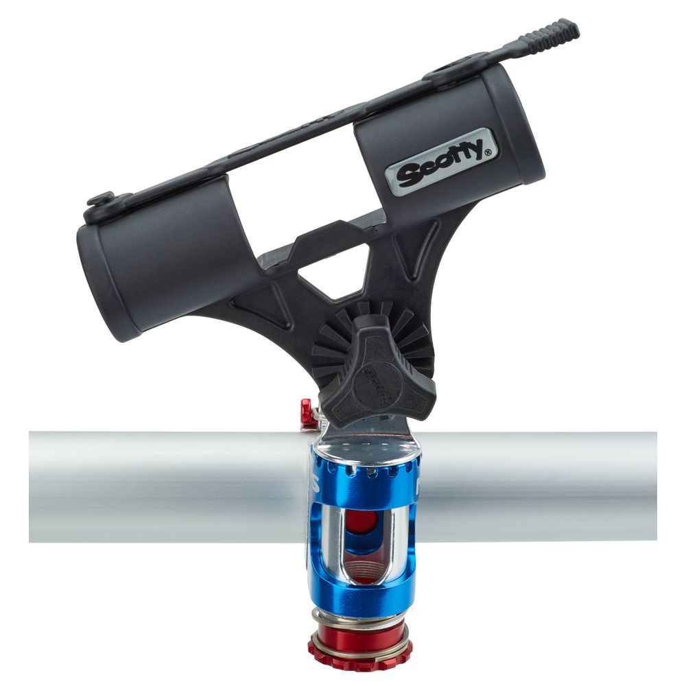 The NRS ClampIt Rod Holder Attachment features a lever-action mount on a metal tube with a black top and an adjustable blue and red base, offering versatile angling support.