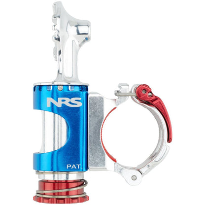 Close-up of the blue and red NRS ClampIt Rod Holder Attachment with lever-action, featuring the "NRS" logo prominently.