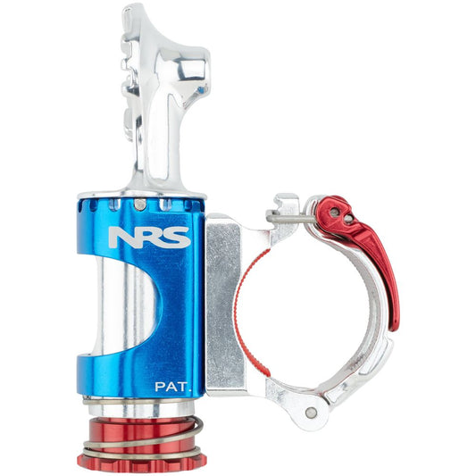 Close-up of the blue and red NRS ClampIt Rod Holder Attachment with lever-action, featuring the "NRS" logo prominently.