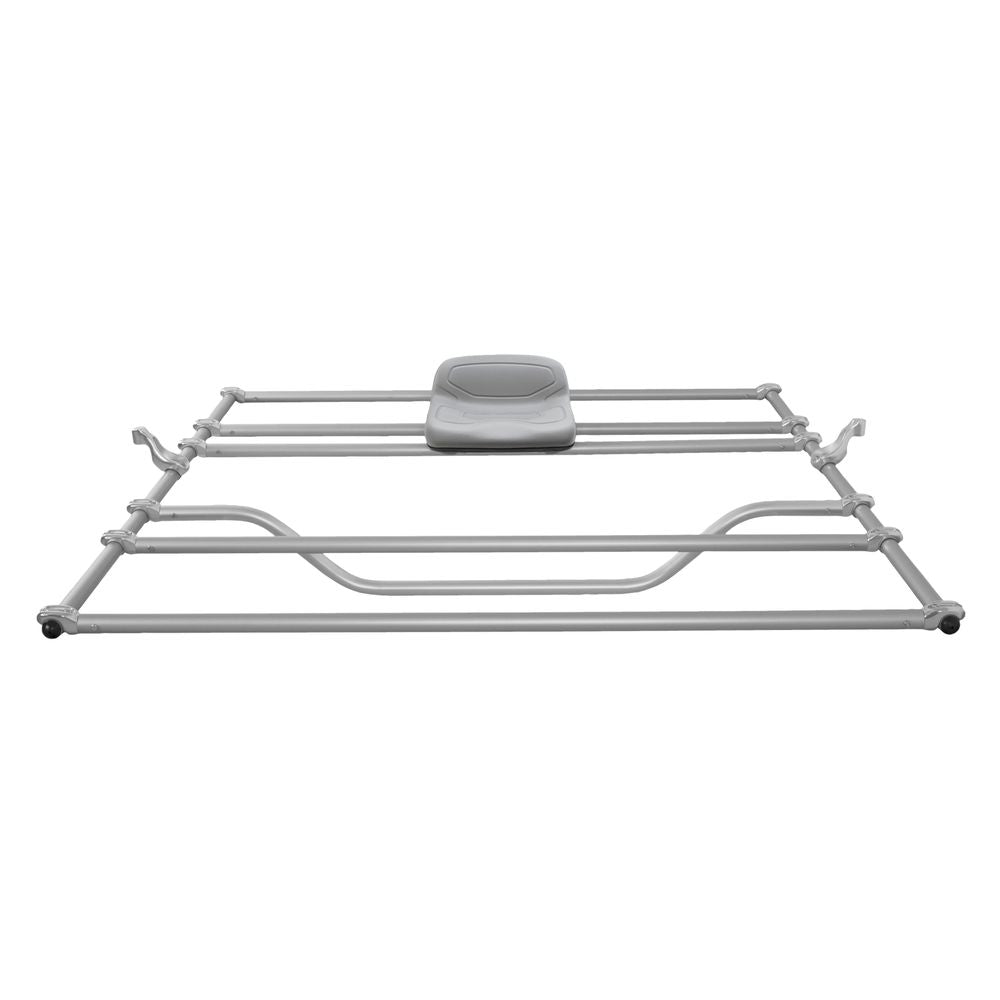 Foldable gray metal drying rack with a central flat support surface, inspired by the Bighorn II Raft Frame from NRS's modular aluminum frame design.