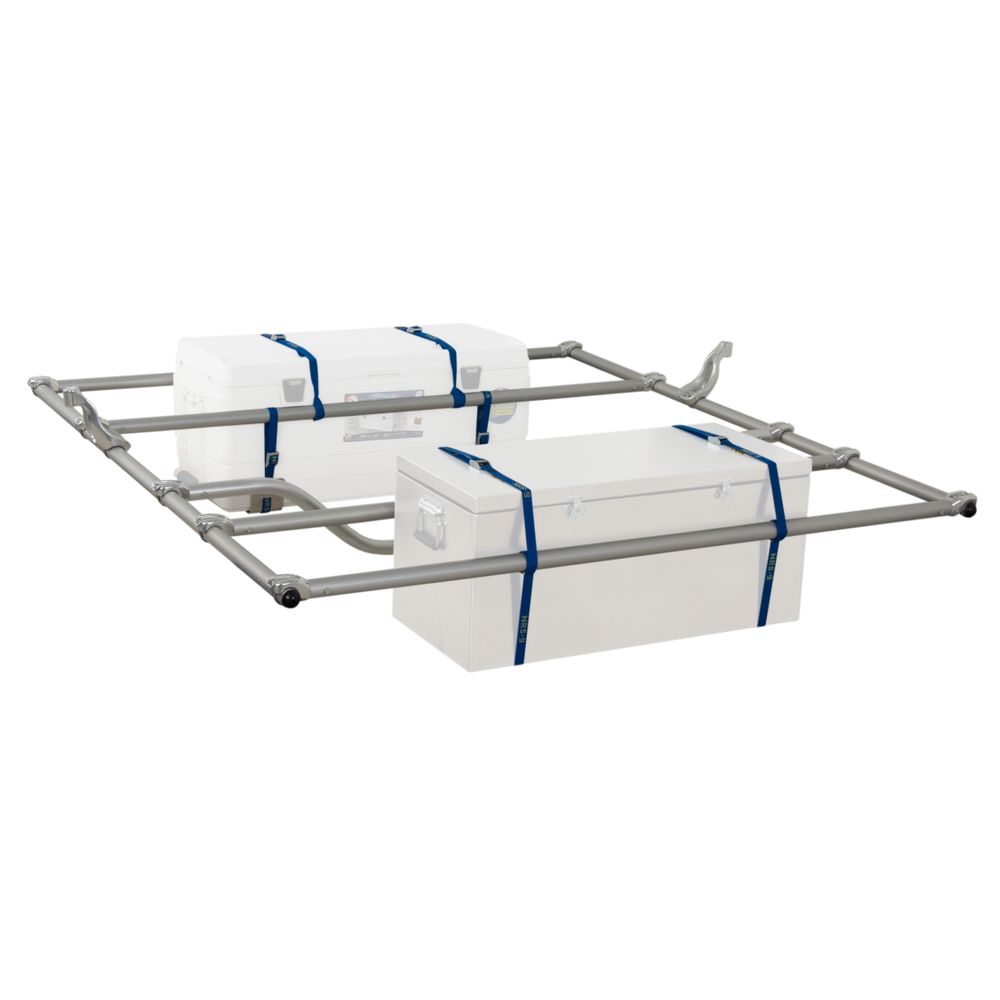 The NRS Compact Outfitter Raft Frame features a metal frame with two white boxes secured by blue straps, perfect for whitewater expeditions. The adjustable cooler mounts keep everything secure.