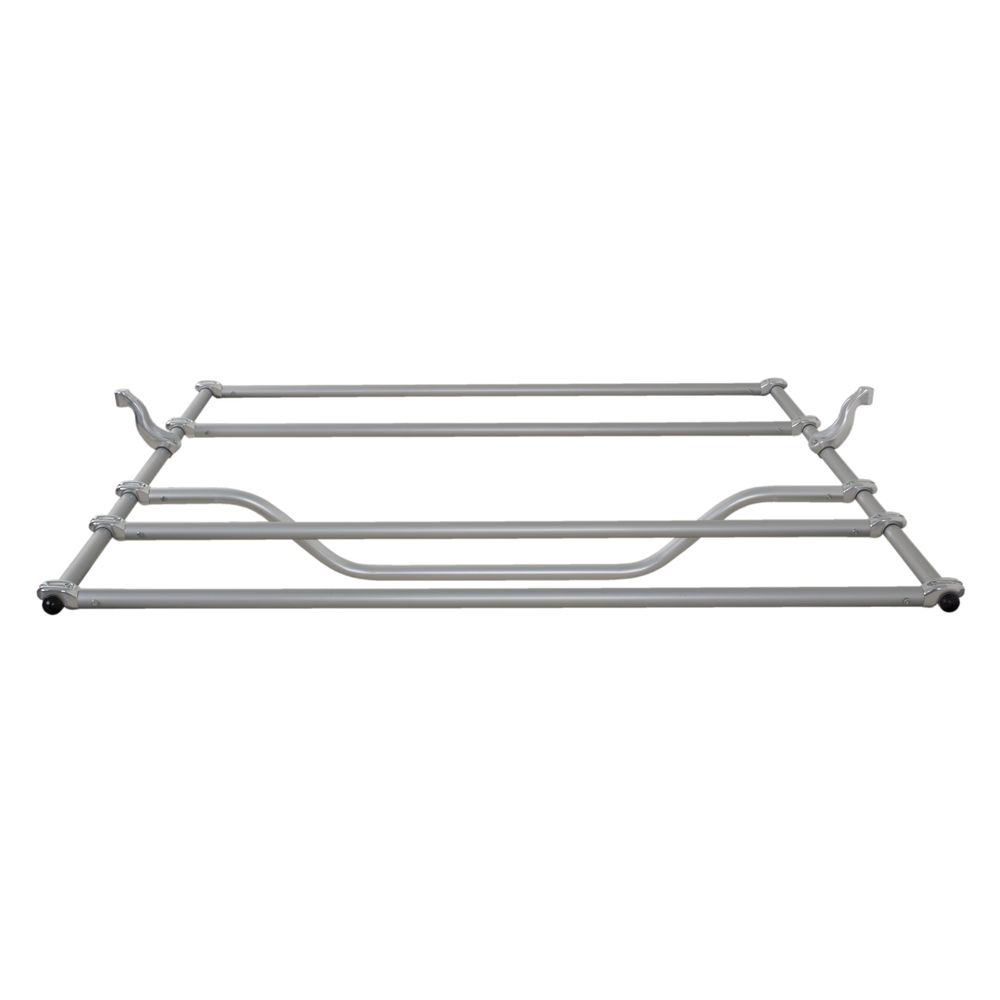This gray, rectangular metal roof rack has adjustable bars and clamps for vehicle installation, perfect for securing gear on a whitewater expedition. Compatible with the NRS Compact Outfitter Raft Frame and Adjustable Cooler Mounts, it's ideal for adventurous travelers.