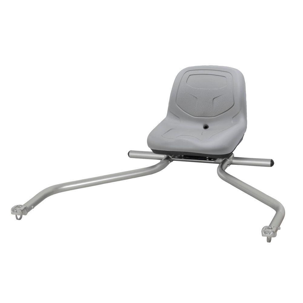 The NRS Stern Mount Fishing Seat features a gray molded backrest on a modular anodized aluminum frame, with two long, arched tubular legs extending outward.