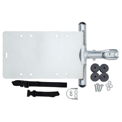 The NRS Flip Seat Mount kit includes a metal mounting plate with hinge attachment, screws, washers, rubber pads, a strap, and U-bolt set for easy setup on an NRS Frame or padded raft seat. Displayed on a white background, this versatile kit ensures secure installation.