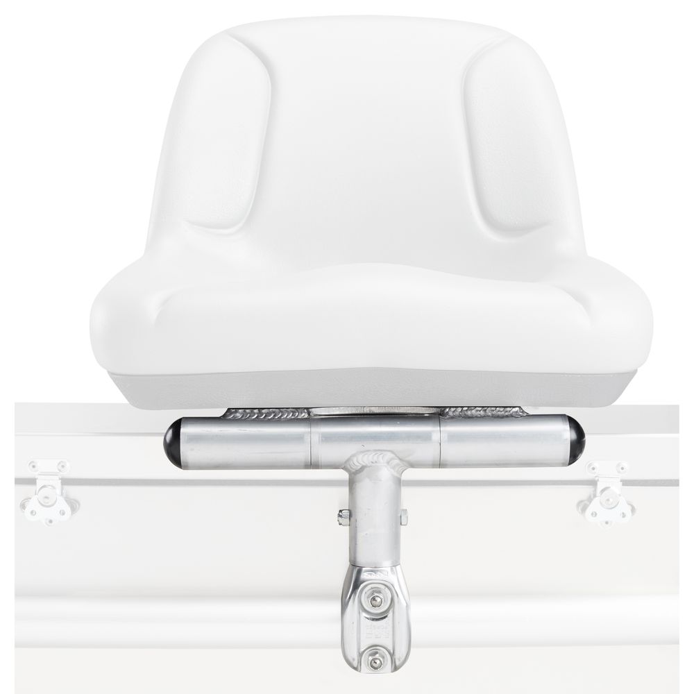 The NRS Flip Seat Mount is a white padded raft seat on a metal swivel, featuring a basic backrest with two comfort indentations and seamlessly integrating with an NRS Frame.
