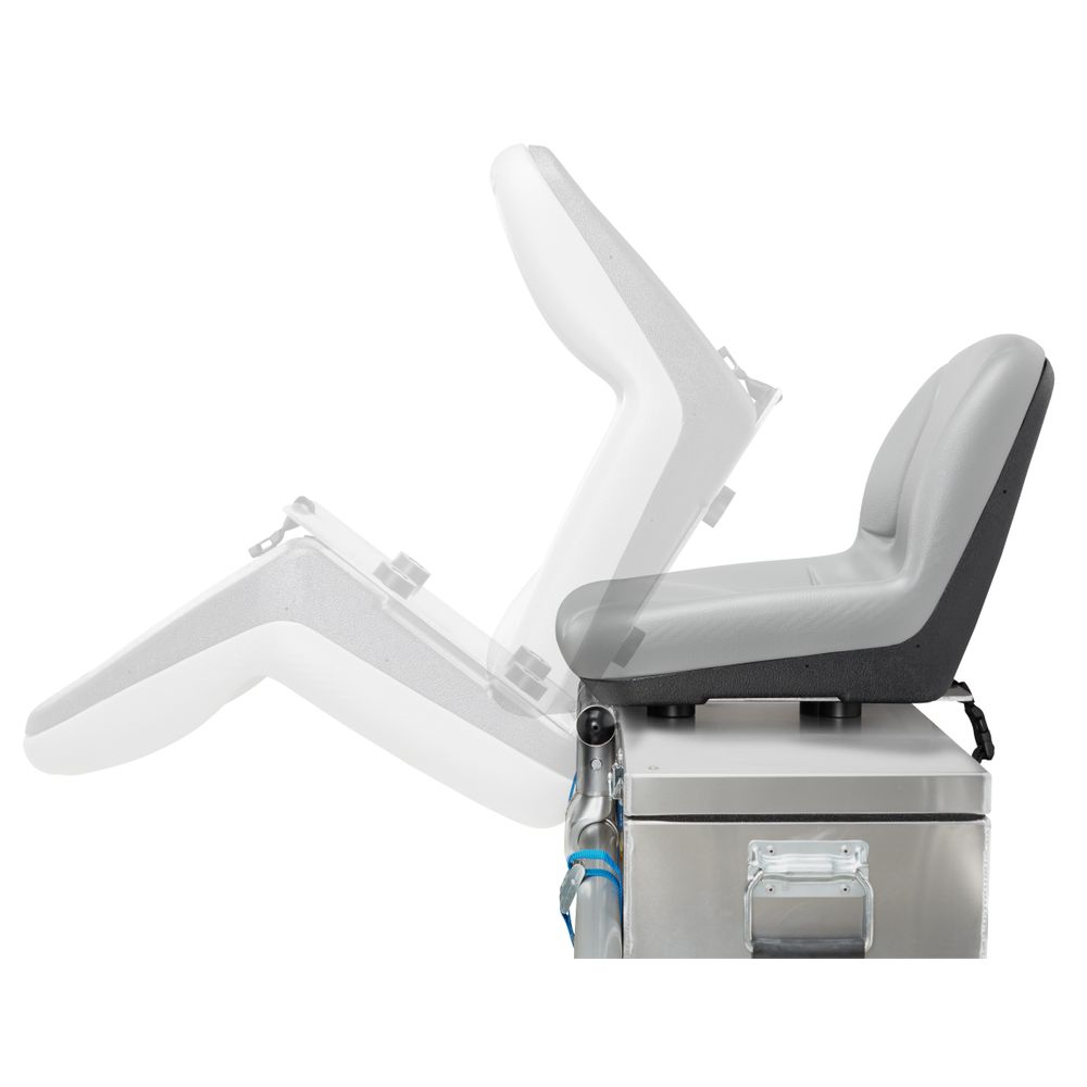The gray boat seat, designed for comfort with padding and adjustable recline, is supported on a sturdy metallic base. Perfect for an NRS Frame or as a versatile add-on with the Flip Seat Mount by NRS.