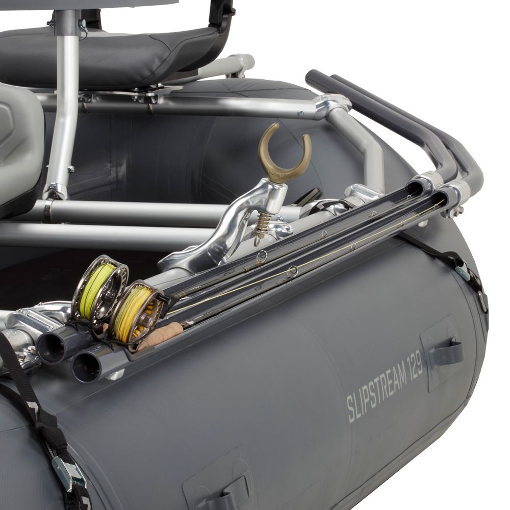 The Slipstream 12.9 inflatable boat, featuring aluminum alloy construction, includes built-in NRS Fishing Rod Holders on the side for securing fishing rods and reels.