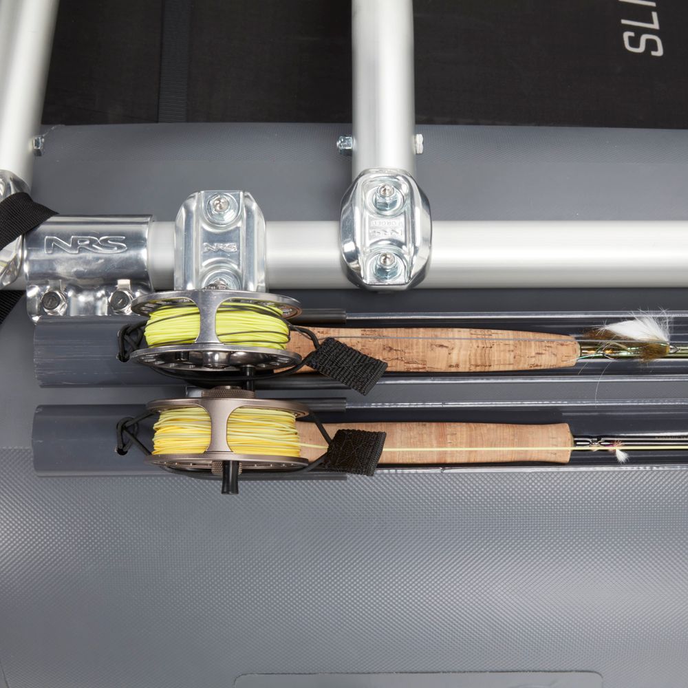 Two fishing rods with cork handles and yellow lines are secured to the NRS Fishing Rod Holder made of aluminum alloy, placed on a gray surface.