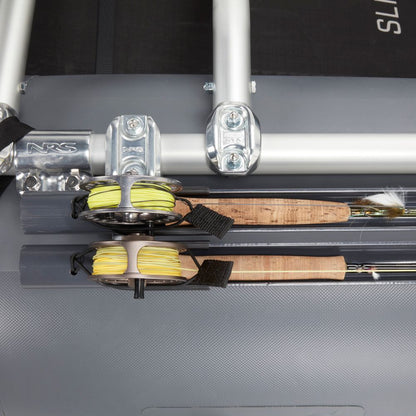 Two fishing rods with cork handles and yellow lines are secured to the NRS Fishing Rod Holder made of aluminum alloy, placed on a gray surface.