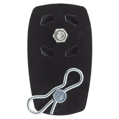 The NRS Anchor Pulley is a black plastic trailer hitch cover with a central bolt and silver metal pin, designed for efficient anchor deployment and mechanical advantage with compatible accessories.