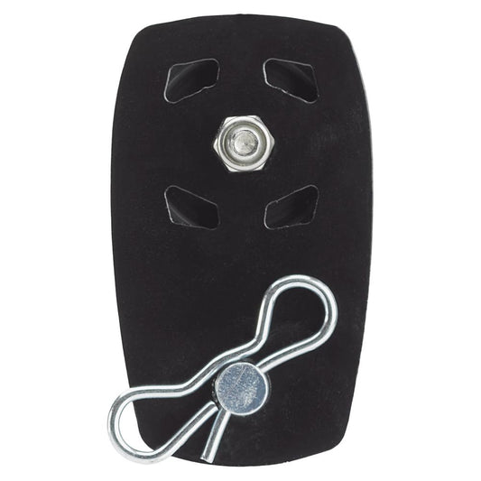 The NRS Anchor Pulley is a black plastic trailer hitch cover with a central bolt and silver metal pin, designed for efficient anchor deployment and mechanical advantage with compatible accessories.