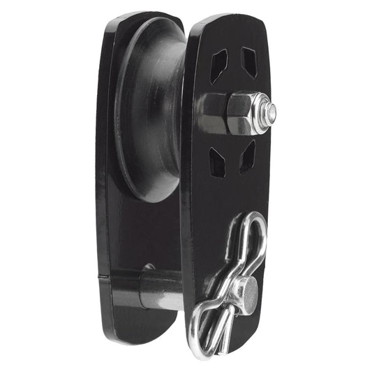 The NRS Anchor Pulley is a black metal block featuring a grooved wheel, hex nut, and removable pin with a metal clip, providing added mechanical advantage.