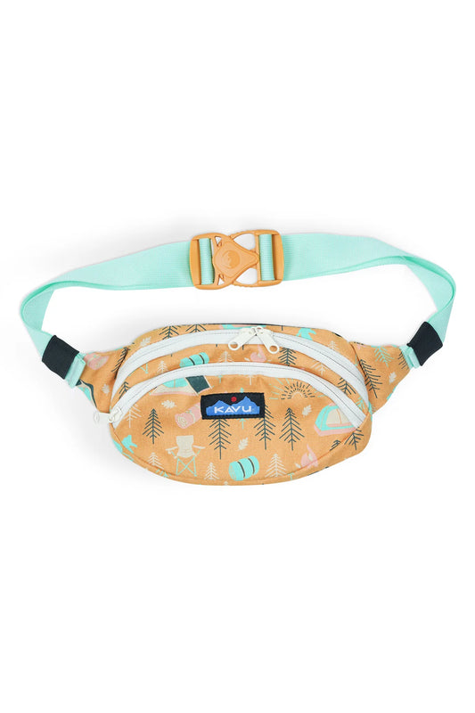 The Kavu Canvas Spectator is a tan fanny pack with white zippers, aqua adjustable strap, outdoor-themed prints, and the KAVU logo on the front.