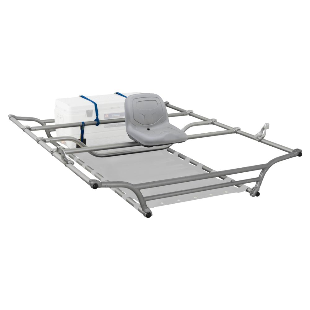 The NRS Alley Cat Frame boasts a metal structure with a single seat, a securely tied cooler at the back, and an extended platform. Its adjustable frame system offers a customized fit for all your river adventures.