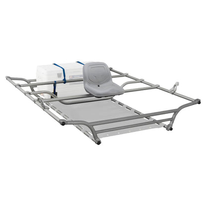 The NRS Alley Cat Frame boasts a metal structure with a single seat, a securely tied cooler at the back, and an extended platform. Its adjustable frame system offers a customized fit for all your river adventures.