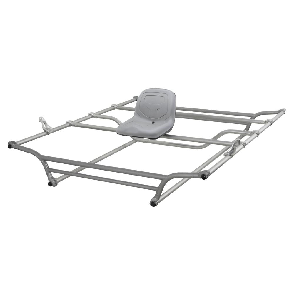The NRS Alley Cat Frame is a lightweight gray metal cataraft frame with a central gray seat and an adjustable system for versatility.