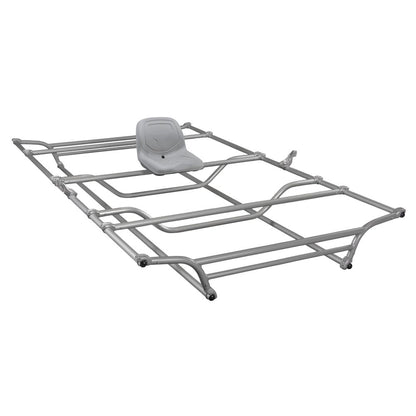 The NRS Top Cat Cataraft Frame features a sleek metal design with an attached gray seat, highlighting its skeletal structure. This adjustable frame is perfect for adventurers who value versatile rowing gear on their aquatic journeys.