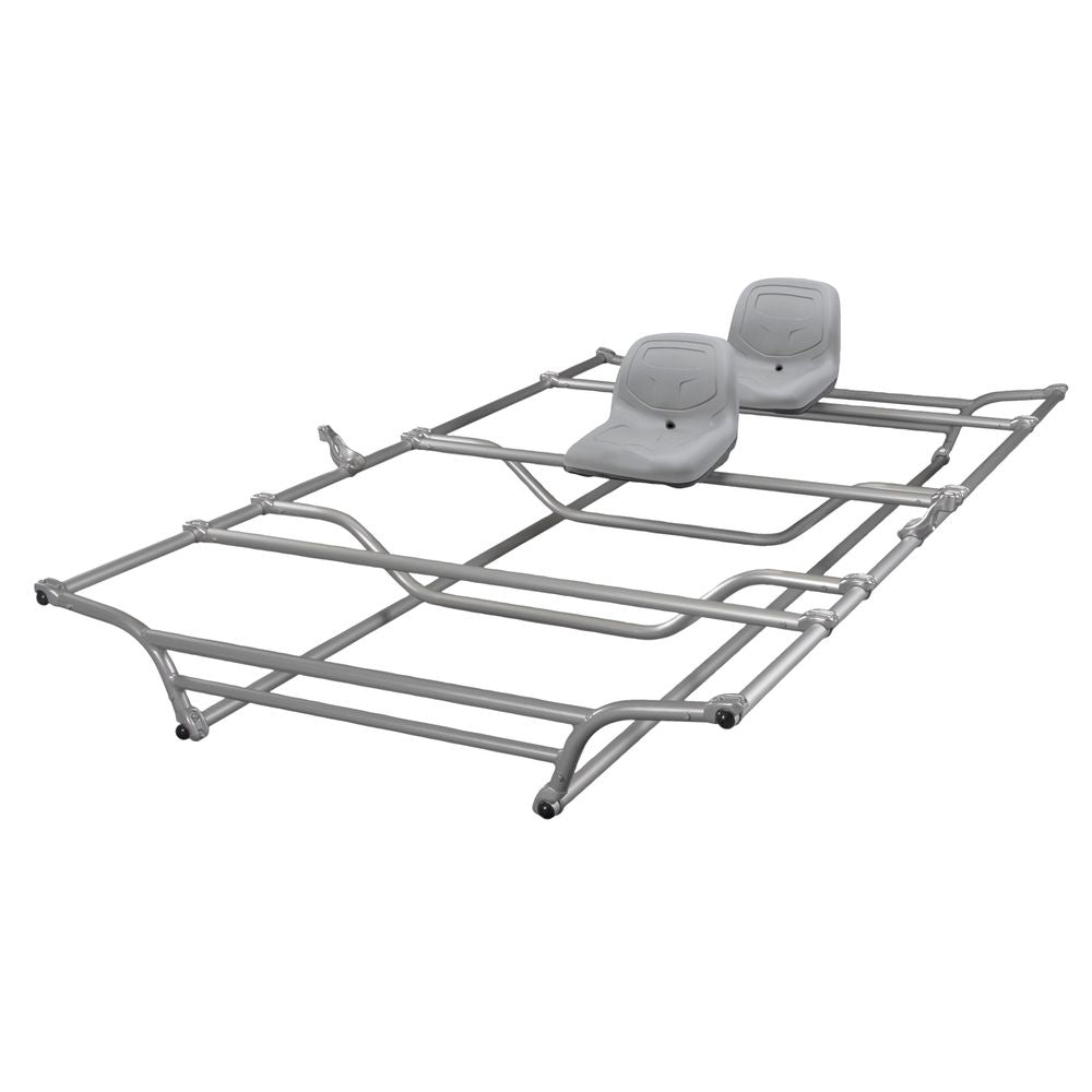 The NRS Fat Cat Frame boasts a metal construction using hot-forged aluminum alloy and includes two gray High-Back Drain-Hole Seats, perfect for boats or rafts.