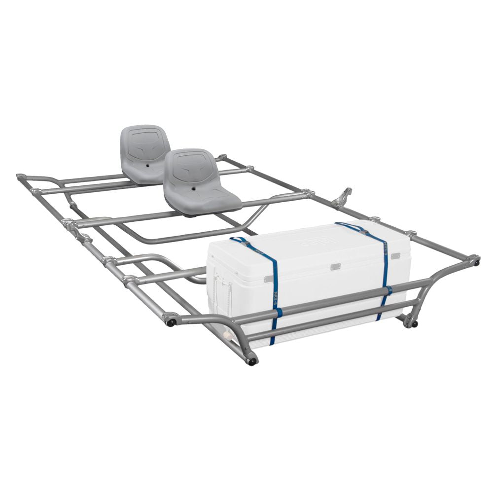 Constructed from hot-forged aluminum alloy, the NRS Fat Cat Frame is a sturdy structure featuring two High-Back Drain-Hole Seats and a strapped cooler box, ideal for outdoor excursions.